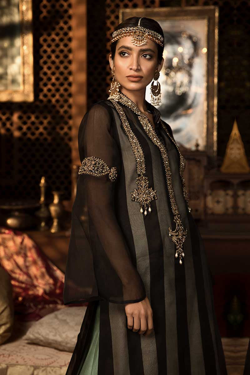 Pakistani Black Sea Green Embellished Organza Raw Silk Salwar Kameez (3-Piece) - Image 2