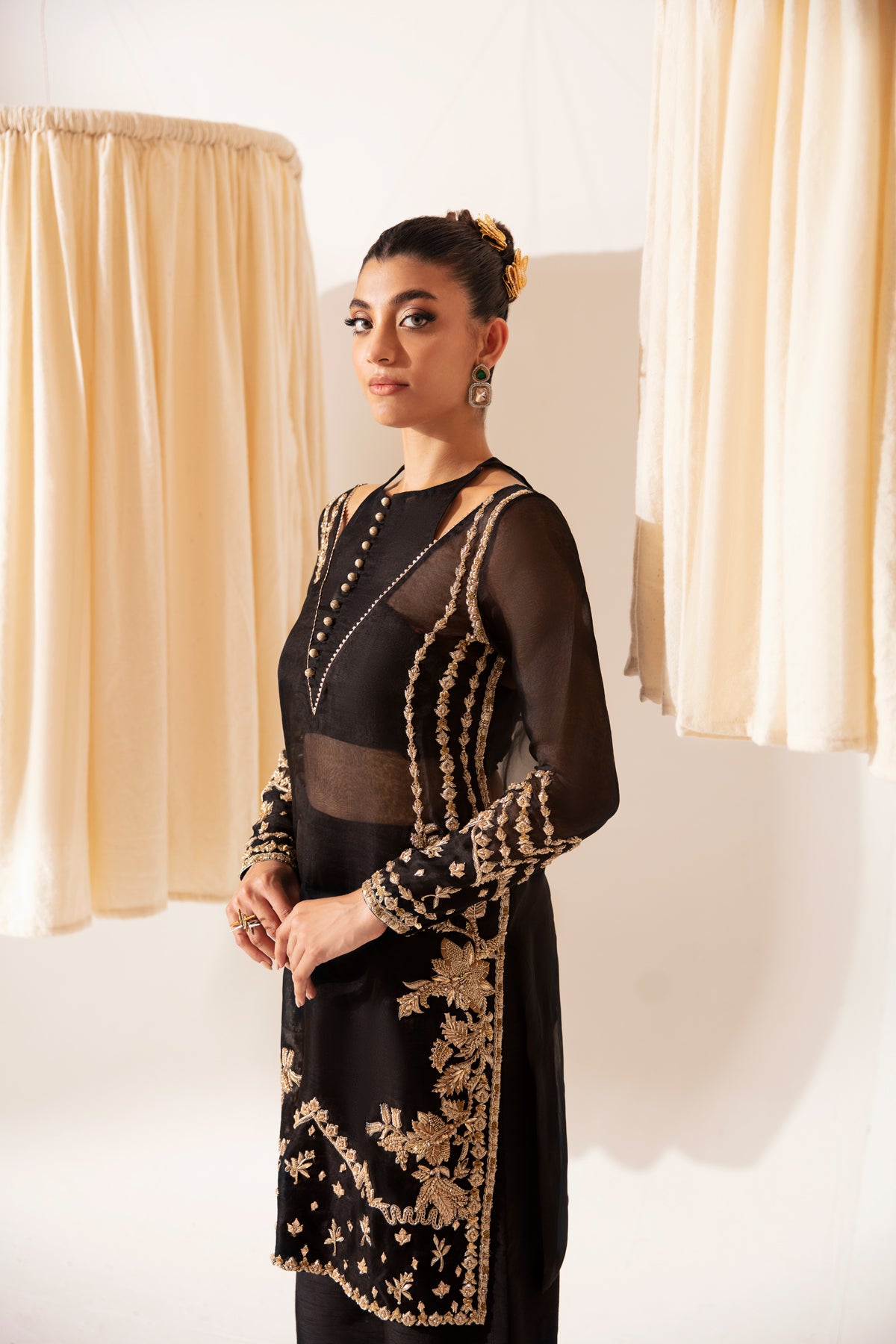 Pakistani Black Salma Sitara Organza Salwar Kameez (3-Piece) - Image 2