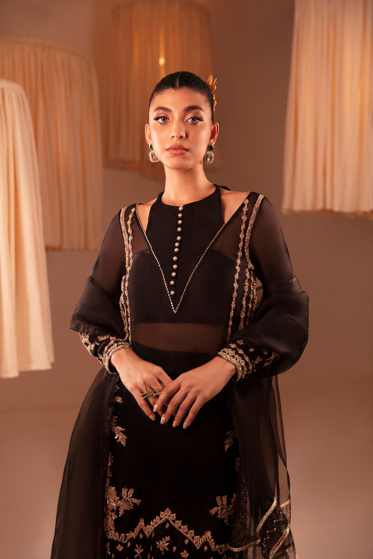 Pakistani Black Salma Sitara Organza Salwar Kameez (3-Piece) - Image 5