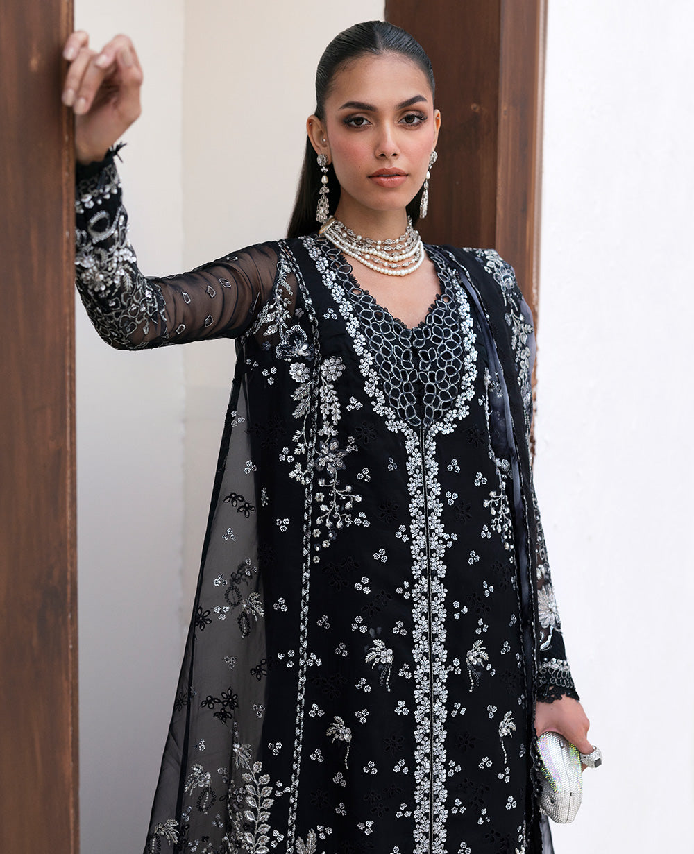 Pakistani Black Embroidered Organza Salwar Kameez (3-Piece) - Image 3