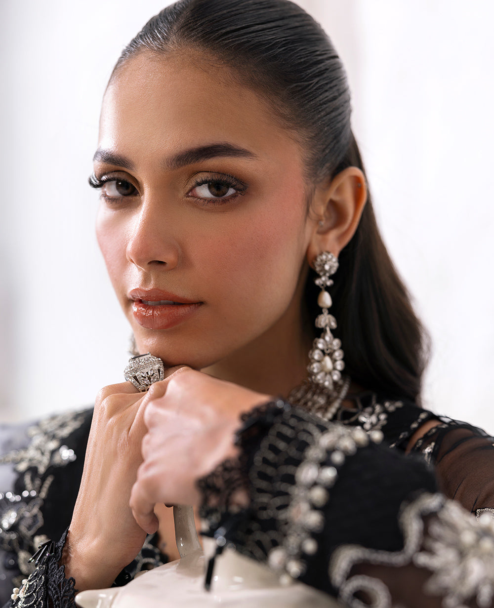 Pakistani Black Embroidered Organza Salwar Kameez (3-Piece) - Image 7