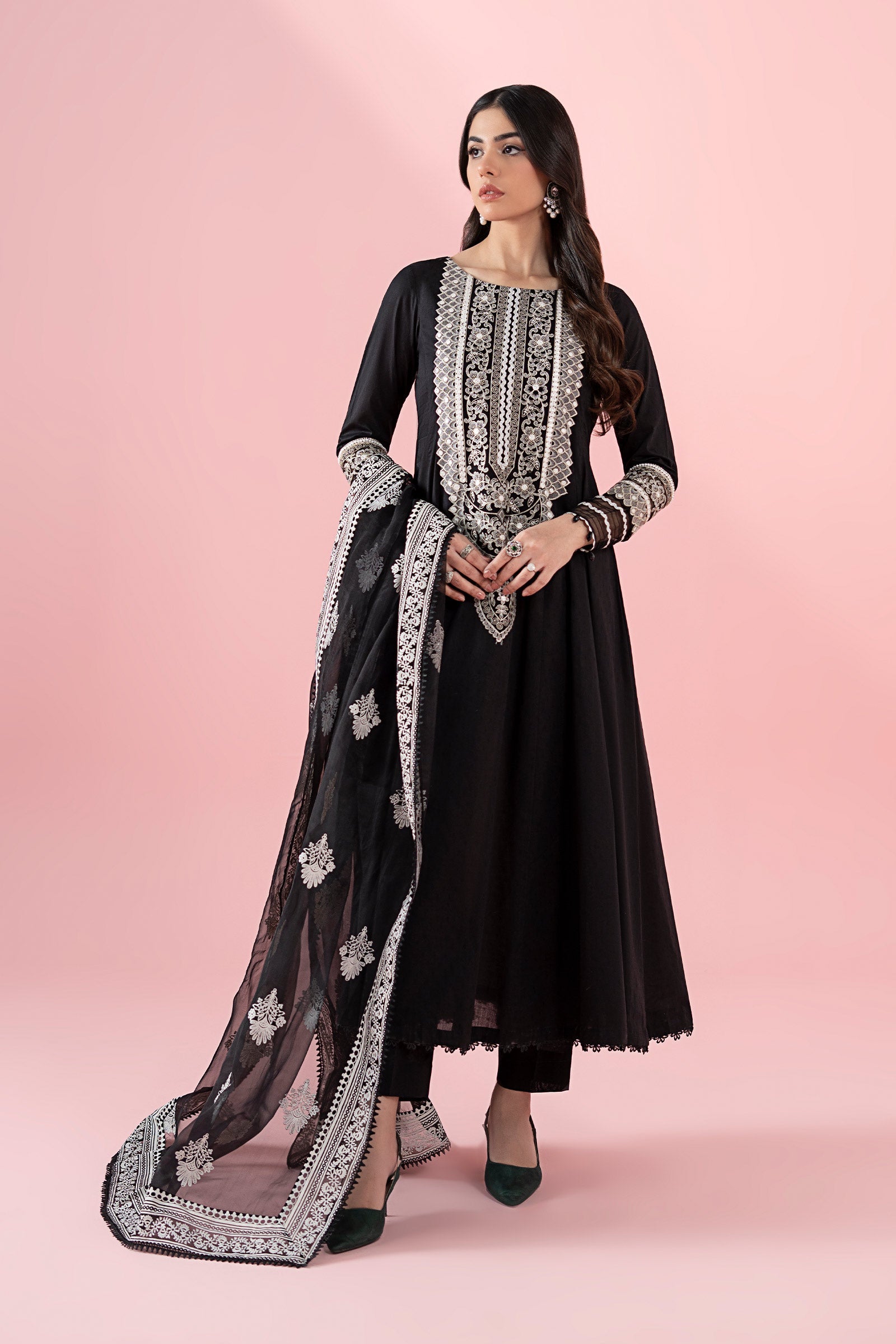 Black Embroidered Dobby & Organza Frock Suit (3-Piece) - Image 2