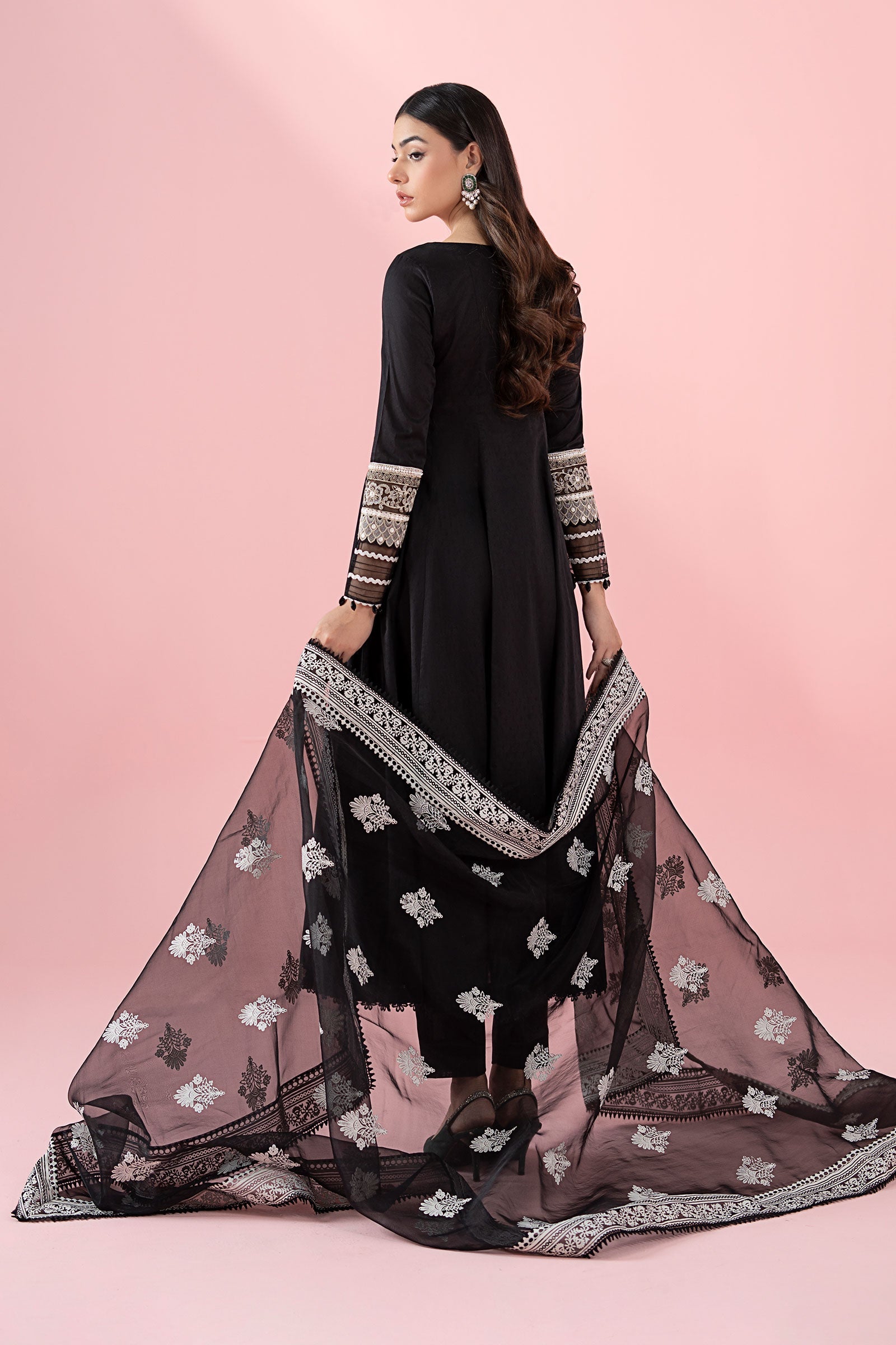 Black Embroidered Dobby & Organza Frock Suit (3-Piece) - Image 3