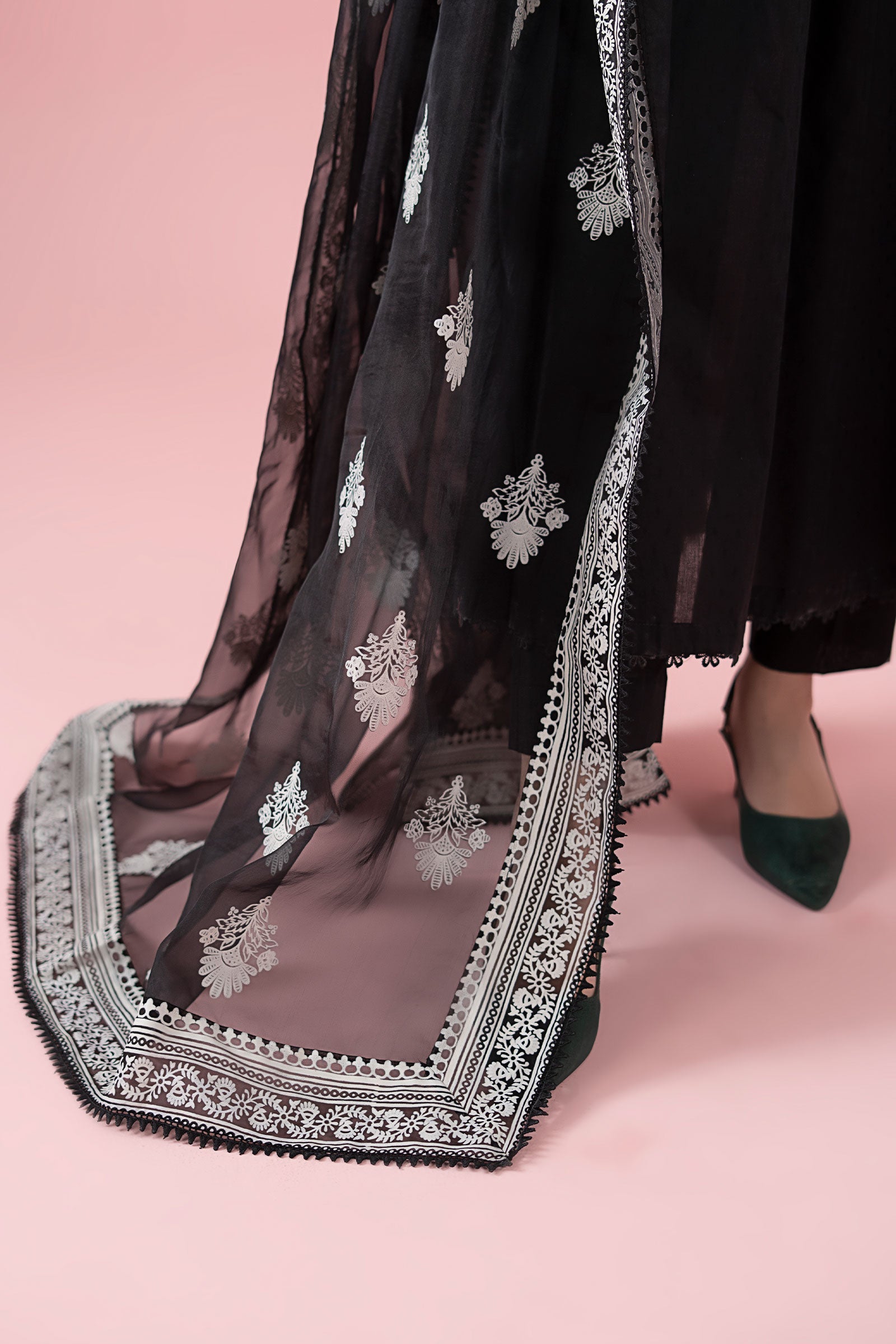 Black Embroidered Dobby & Organza Frock Suit (3-Piece) - Image 4