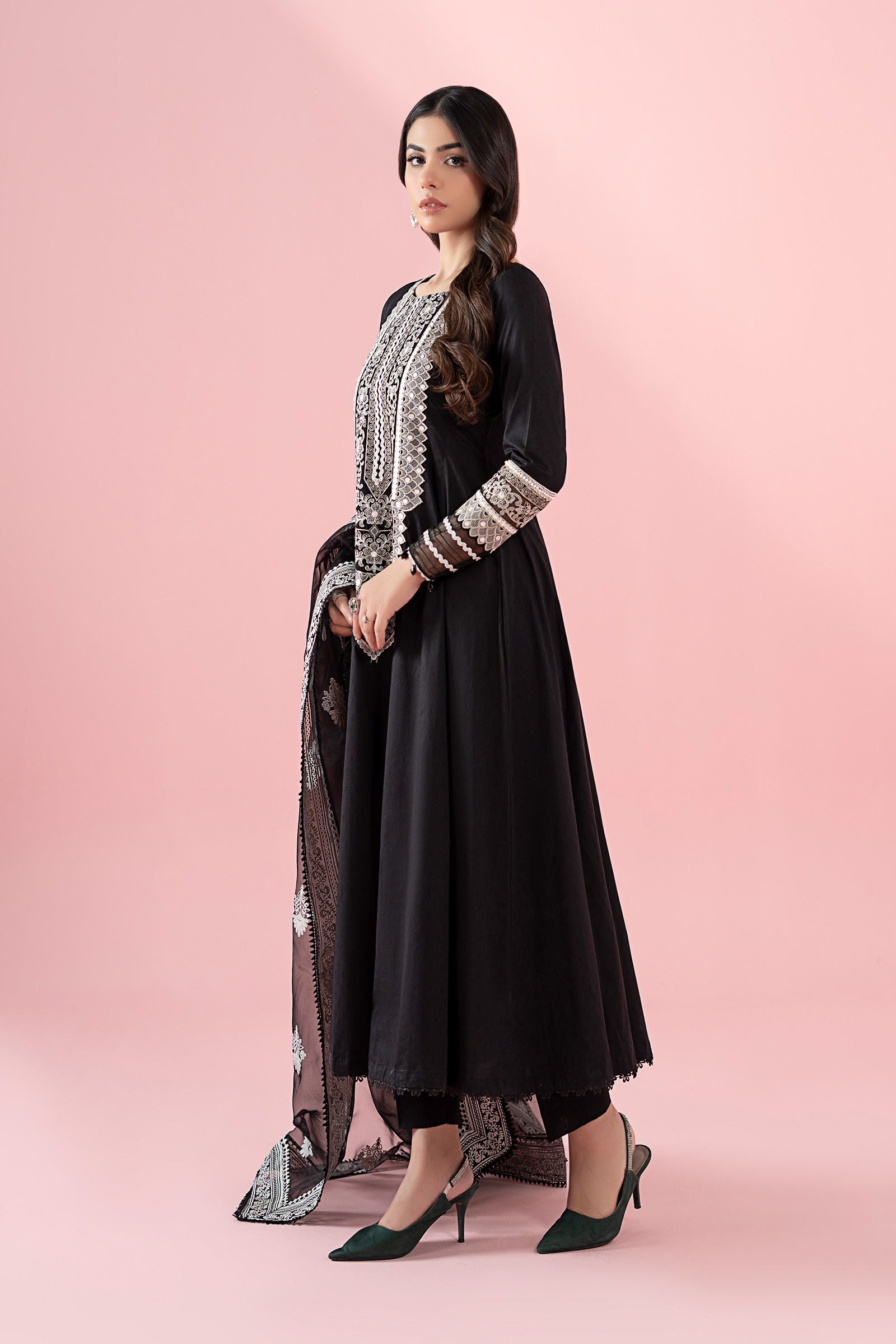 Black Embroidered Dobby & Organza Frock Suit (3-Piece) - Image 5
