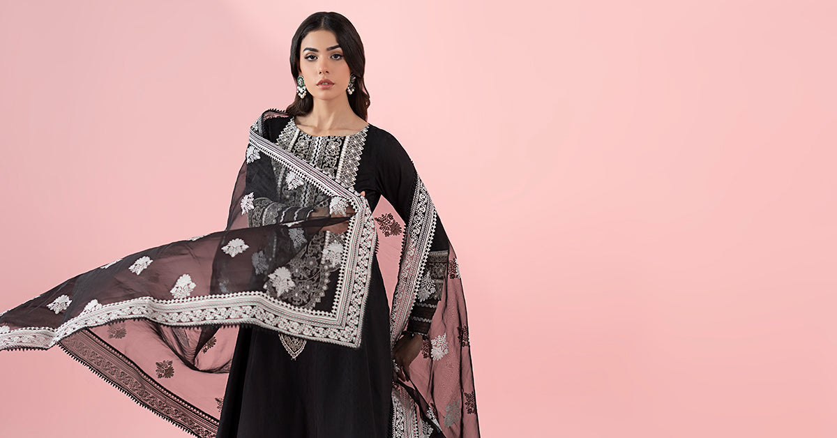 Black Embroidered Dobby & Organza Frock Suit (3-Piece) - Image 6