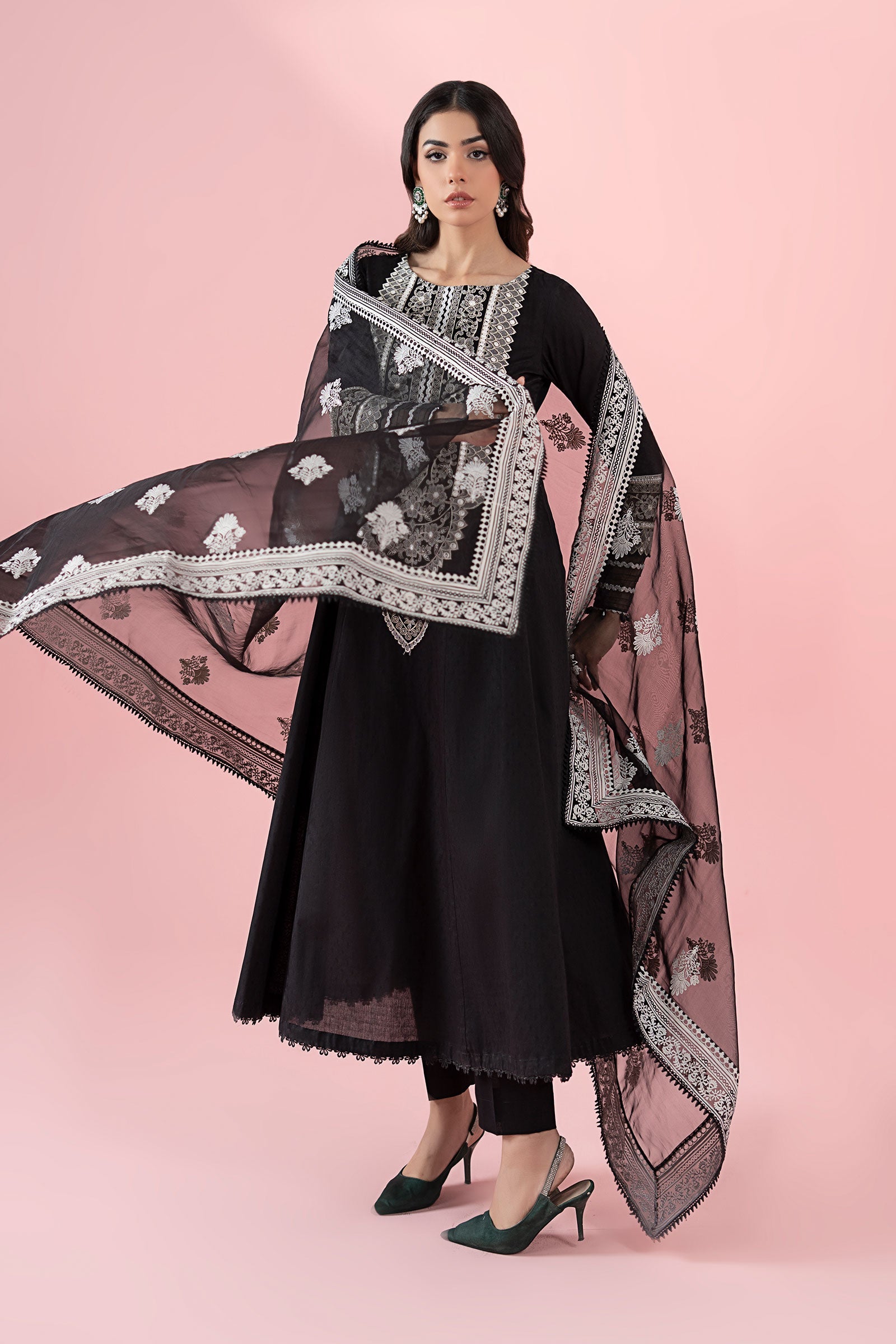 Black Embroidered Dobby & Organza Frock Suit (3-Piece) - Image 7