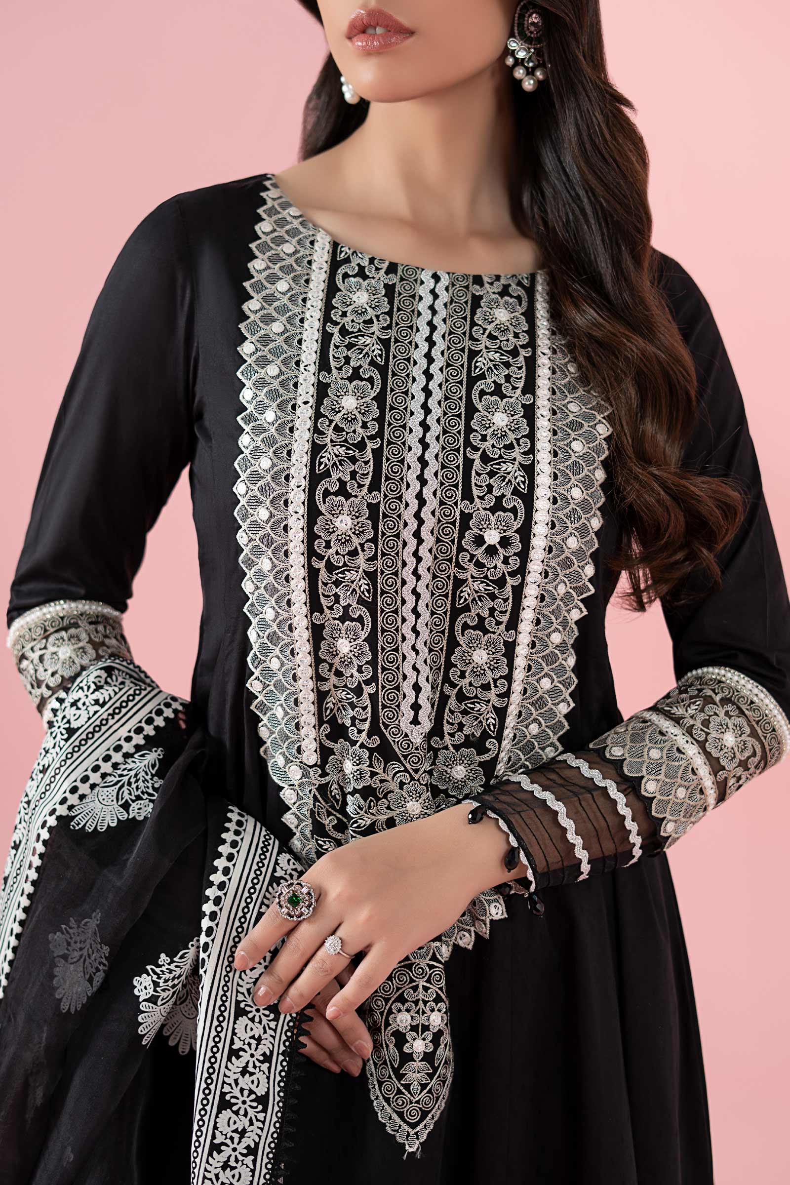 Black Embroidered Dobby & Organza Frock Suit (3-Piece) - Image 8