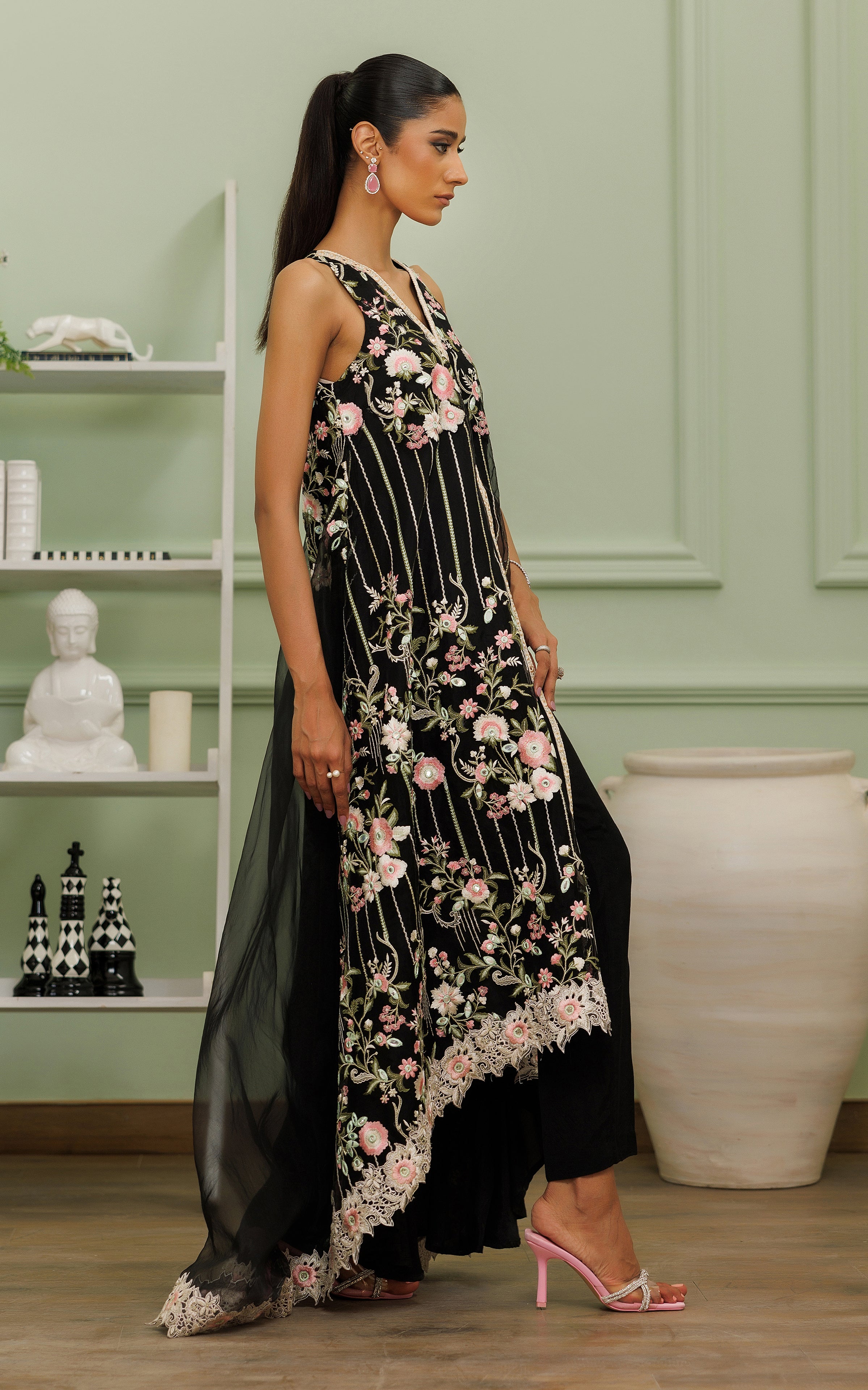 Pakistani Raven Black Embroidered Organza High-Low Dress (2-Piece) - Image 2