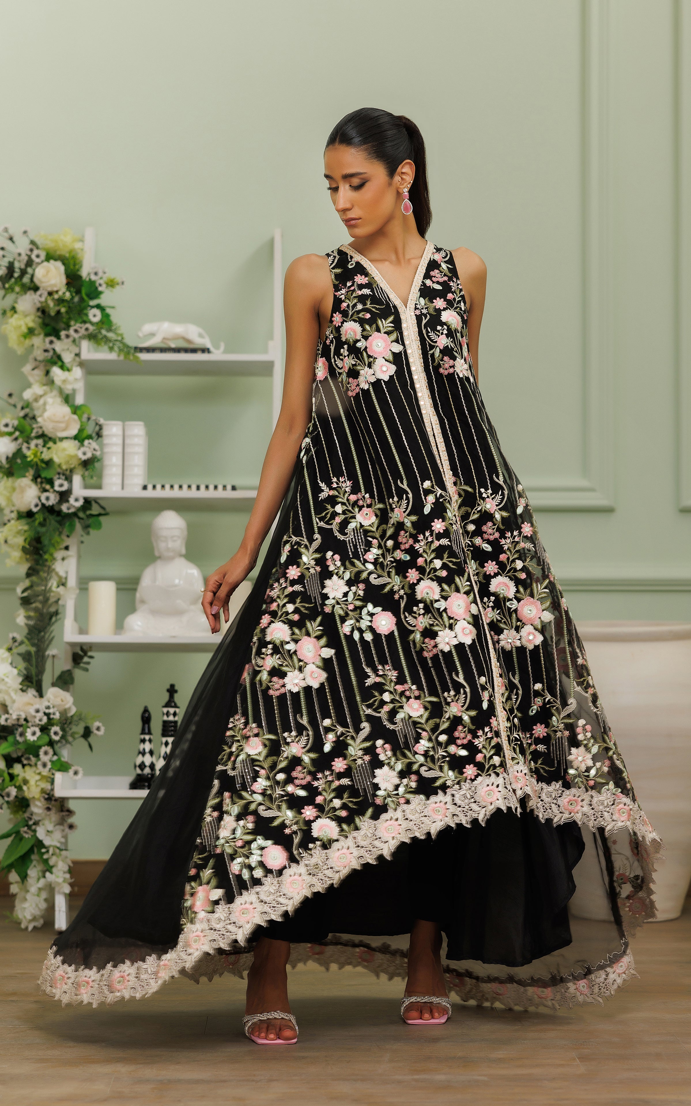 Pakistani Raven Black Embroidered Organza High-Low Dress (2-Piece) - Image 3