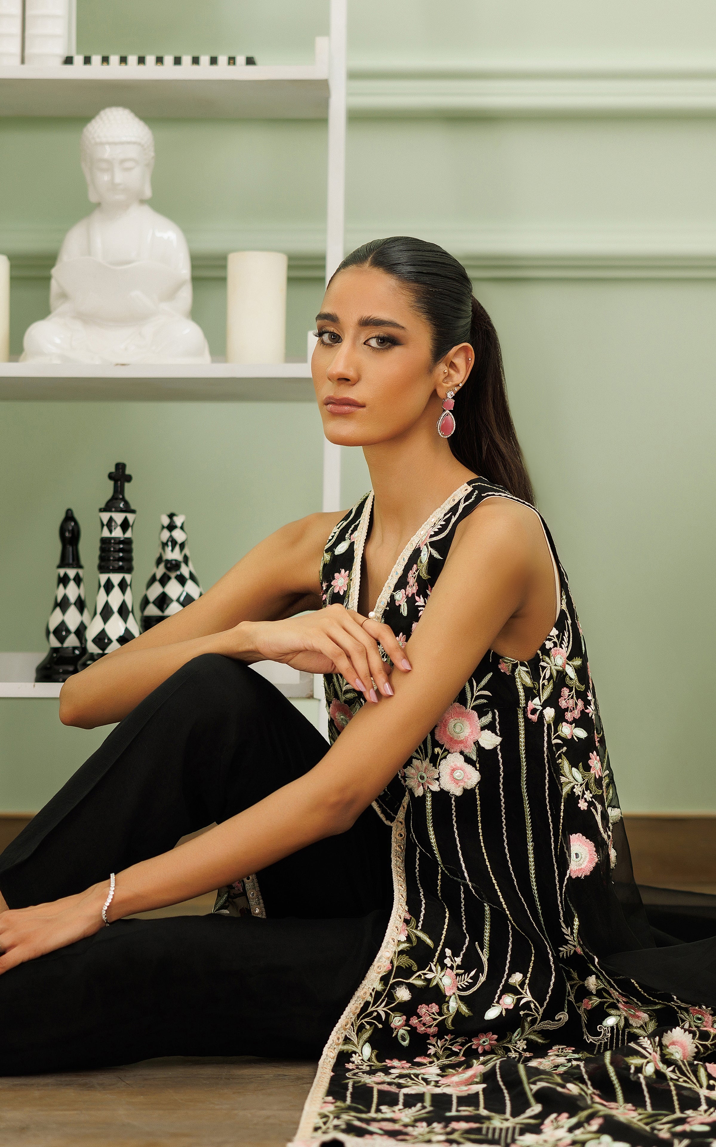 Pakistani Raven Black Embroidered Organza High-Low Dress (2-Piece) - Image 4