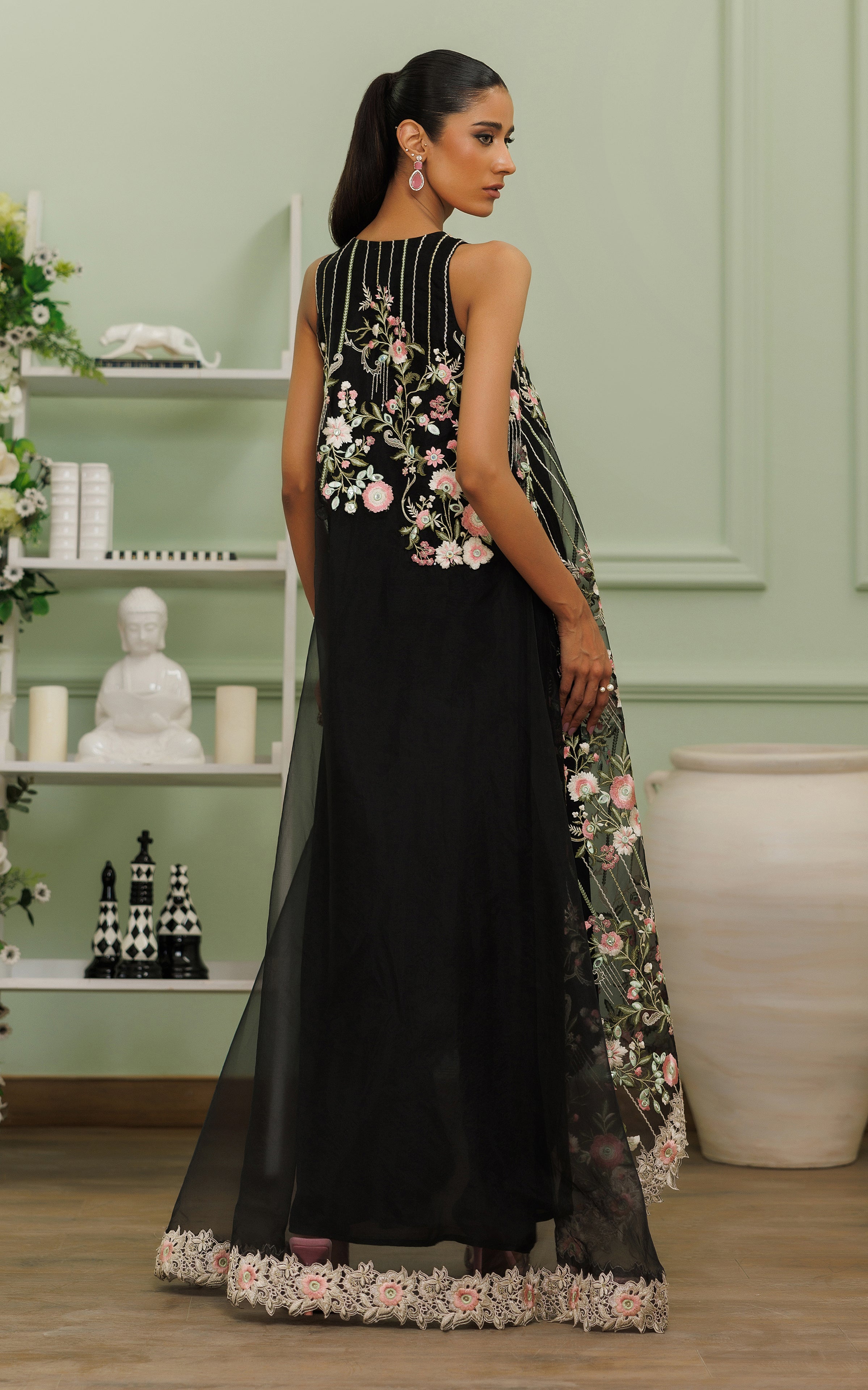 Pakistani Raven Black Embroidered Organza High-Low Dress (2-Piece) - Image 5