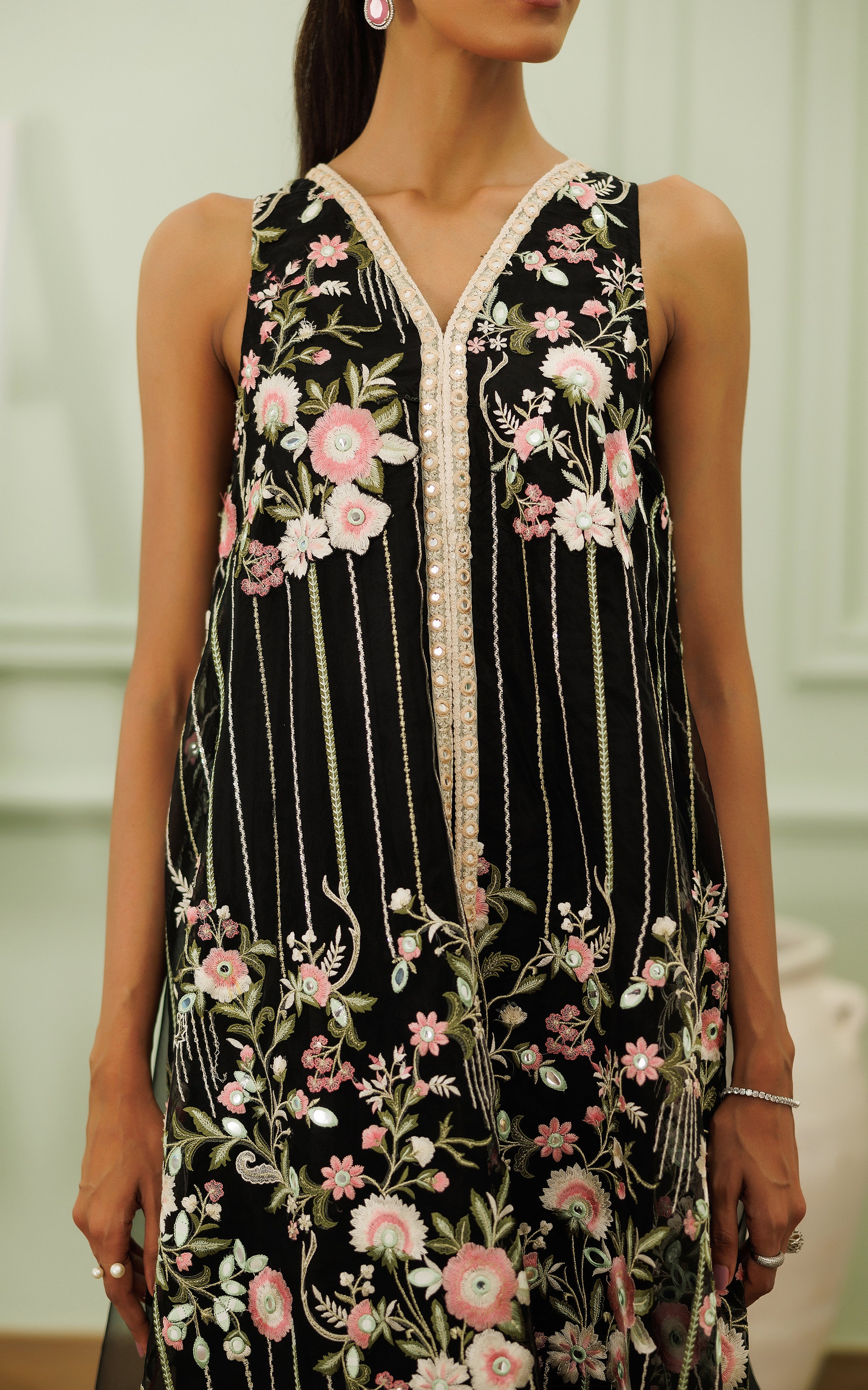 Pakistani Raven Black Embroidered Organza High-Low Dress (2-Piece) - Image 7