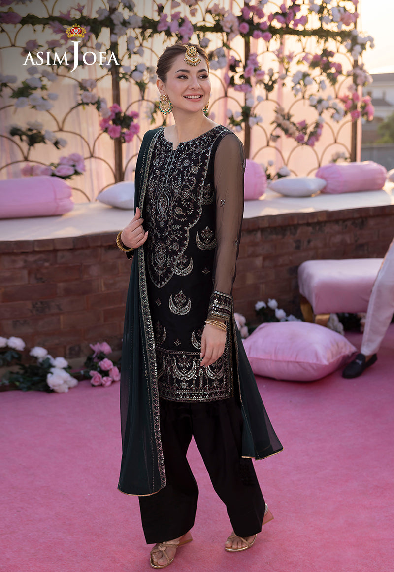 Black Embroidered Organza & Chiffon 3-Piece Suit - Image 1