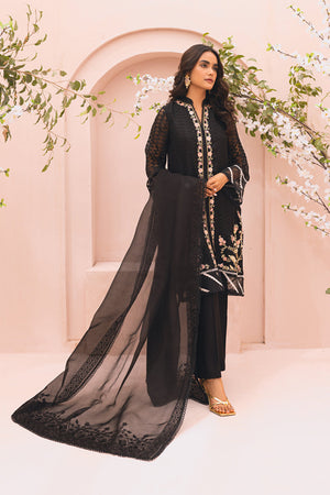 Pakistani Black Floral Embroidered Self-Organza Salwar Kameez (3-Piece) - Image 1