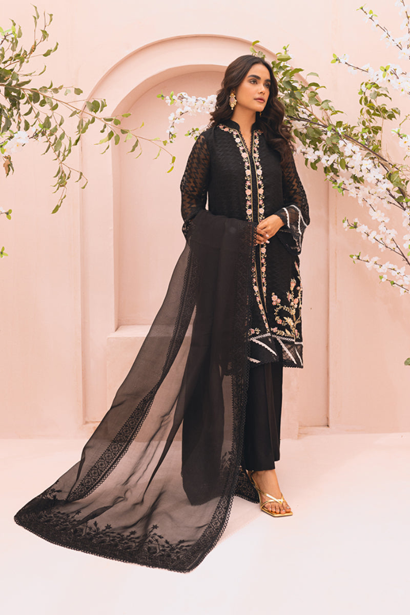 Pakistani Black Floral Embroidered Self-Organza Salwar Kameez (3-Piece) - Image 2
