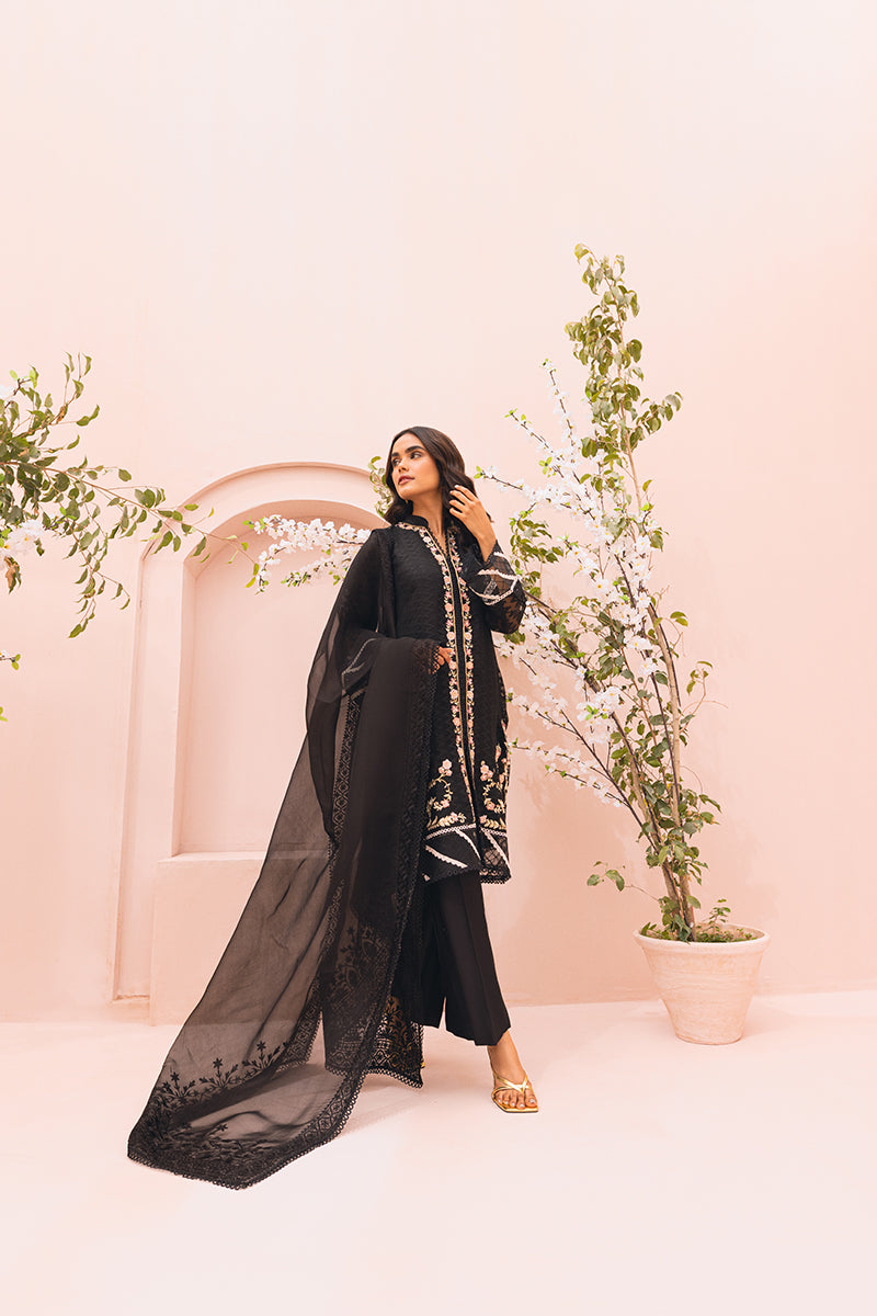 Pakistani Black Floral Embroidered Self-Organza Salwar Kameez (3-Piece) - Image 6