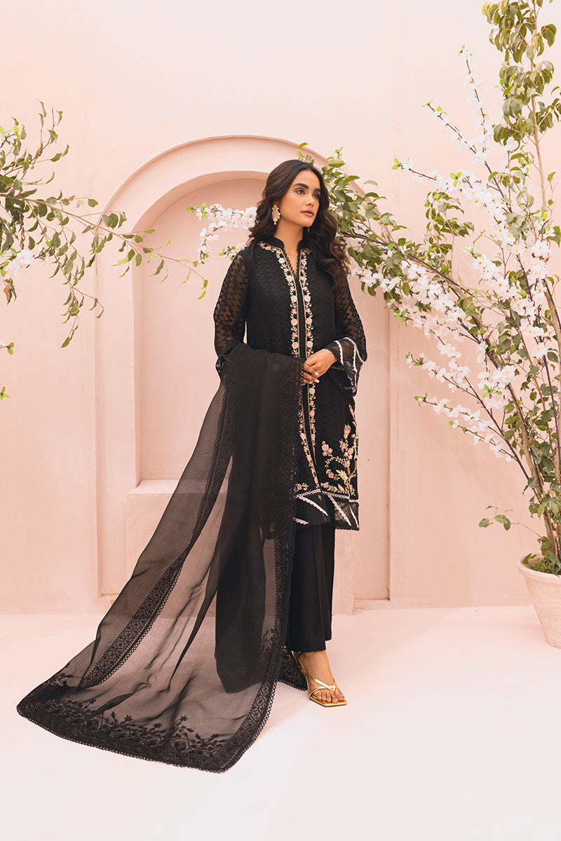 Pakistani Black Floral Embroidered Self-Organza Salwar Kameez (3-Piece) - Image 7