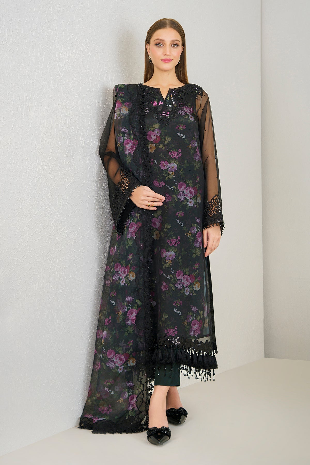 Black Floral Embroidered Organza 3-Piece Suit - Image 1
