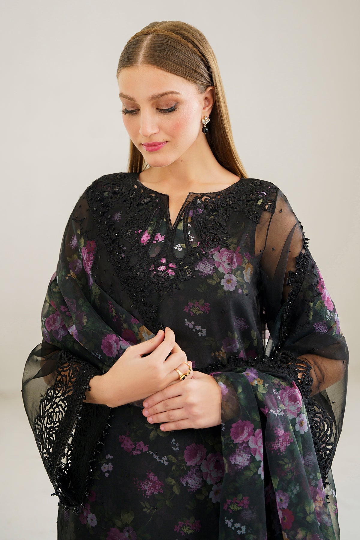 Black Floral Embroidered Organza 3-Piece Suit - Image 2