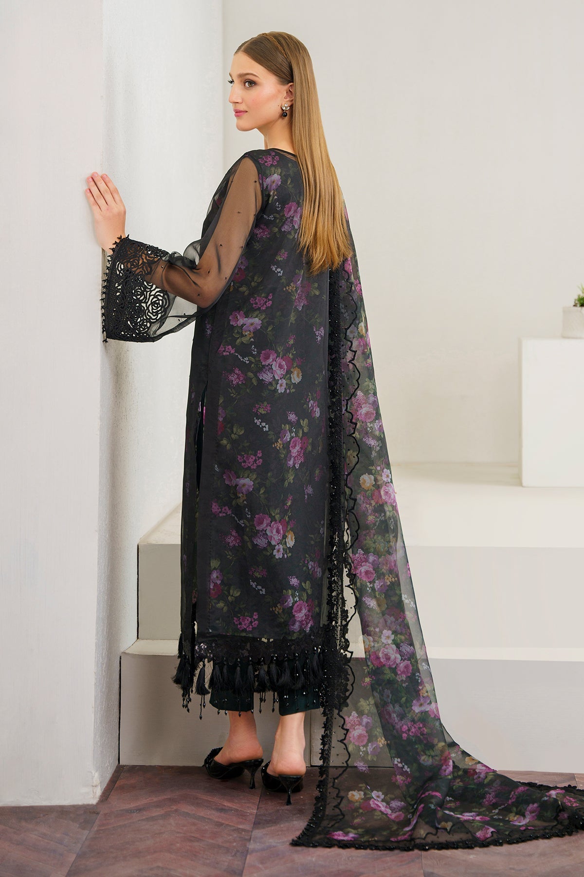 Black Floral Embroidered Organza 3-Piece Suit - Image 3