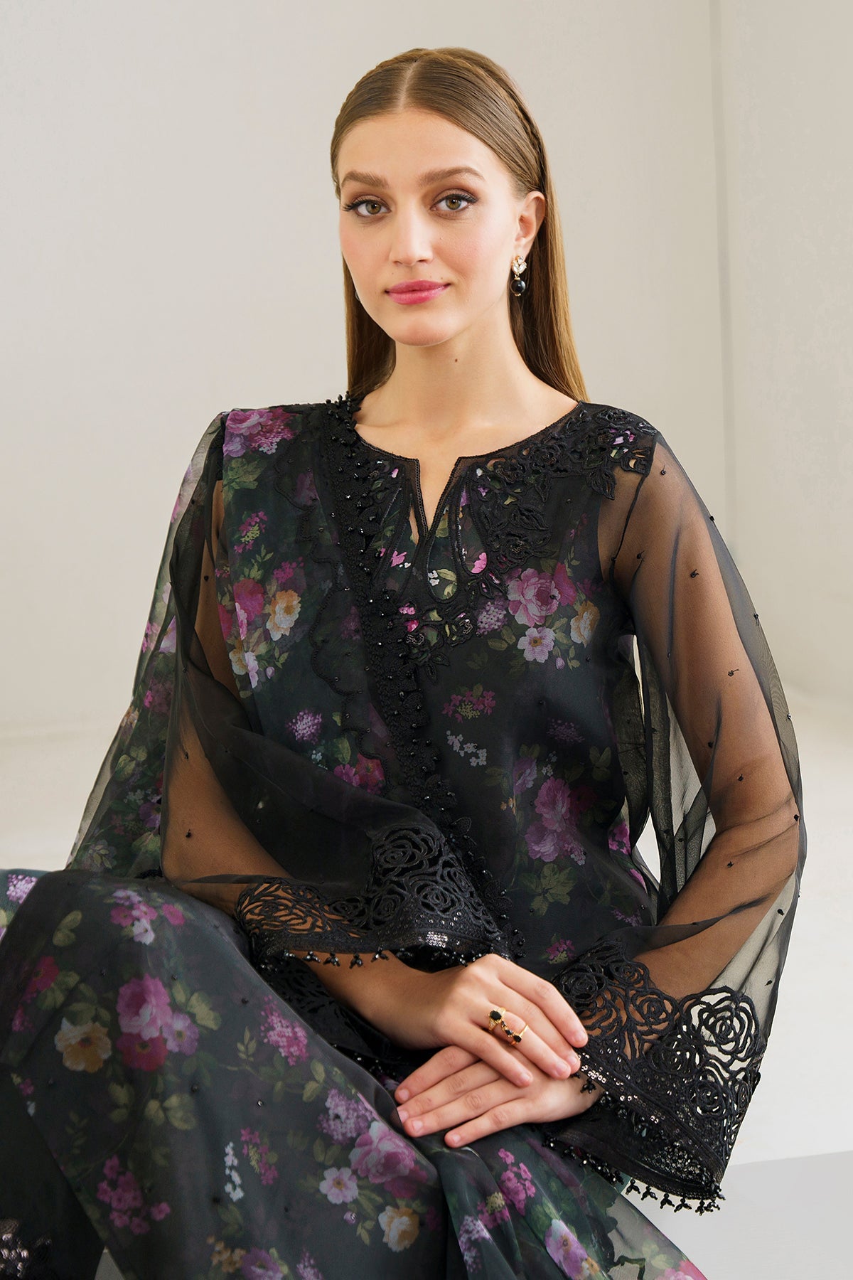Black Floral Embroidered Organza 3-Piece Suit - Image 4