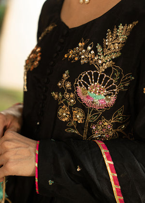 Black Floral Embroidered Organza Salwar Kameez (3-Piece) - Image 4