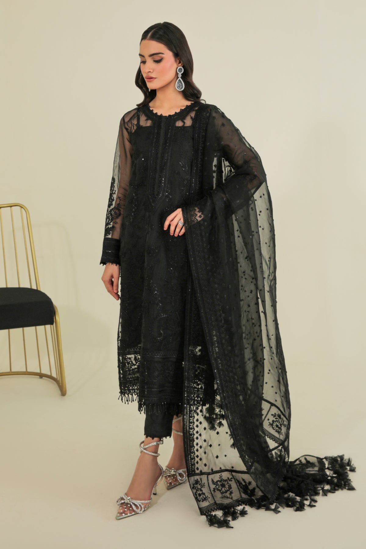 Black Embroidered Organza 3-Piece Suit - Image 1