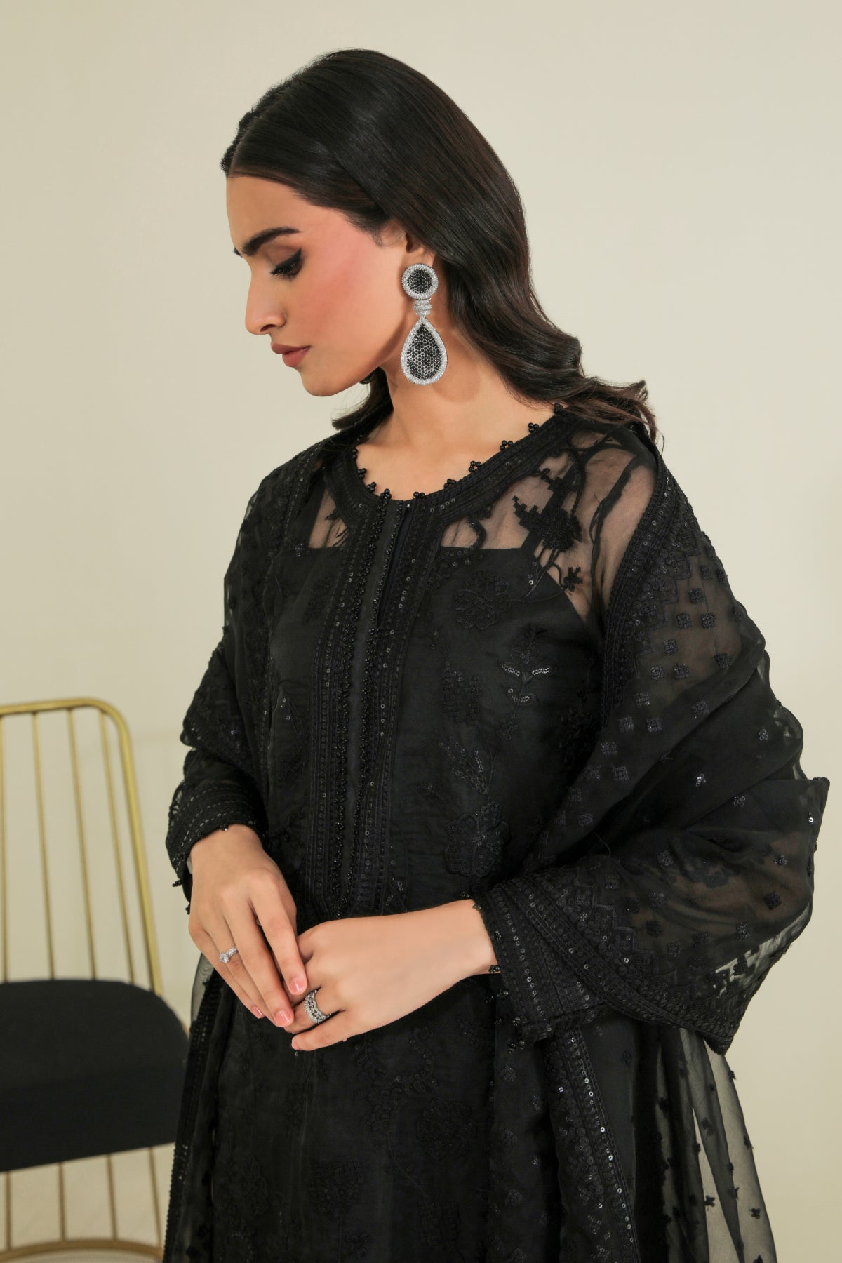 Black Embroidered Organza 3-Piece Suit - Image 2