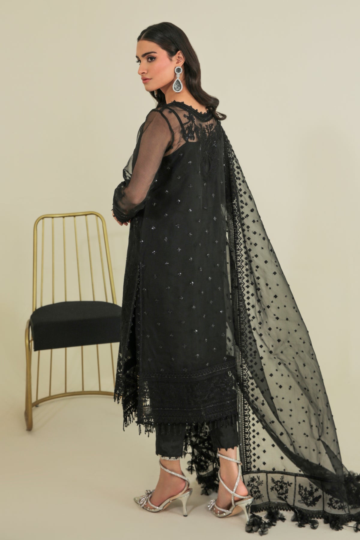 Black Embroidered Organza 3-Piece Suit - Image 3