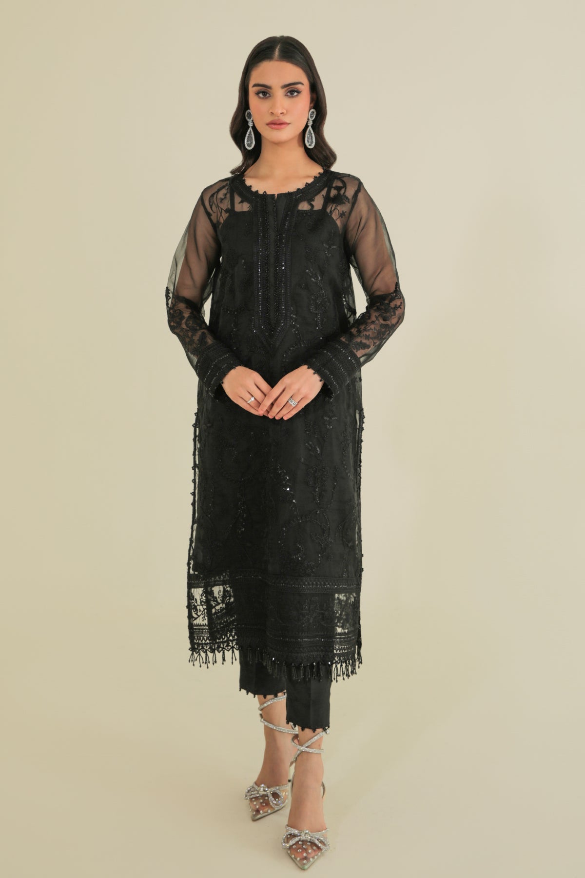 Black Embroidered Organza 3-Piece Suit - Image 6