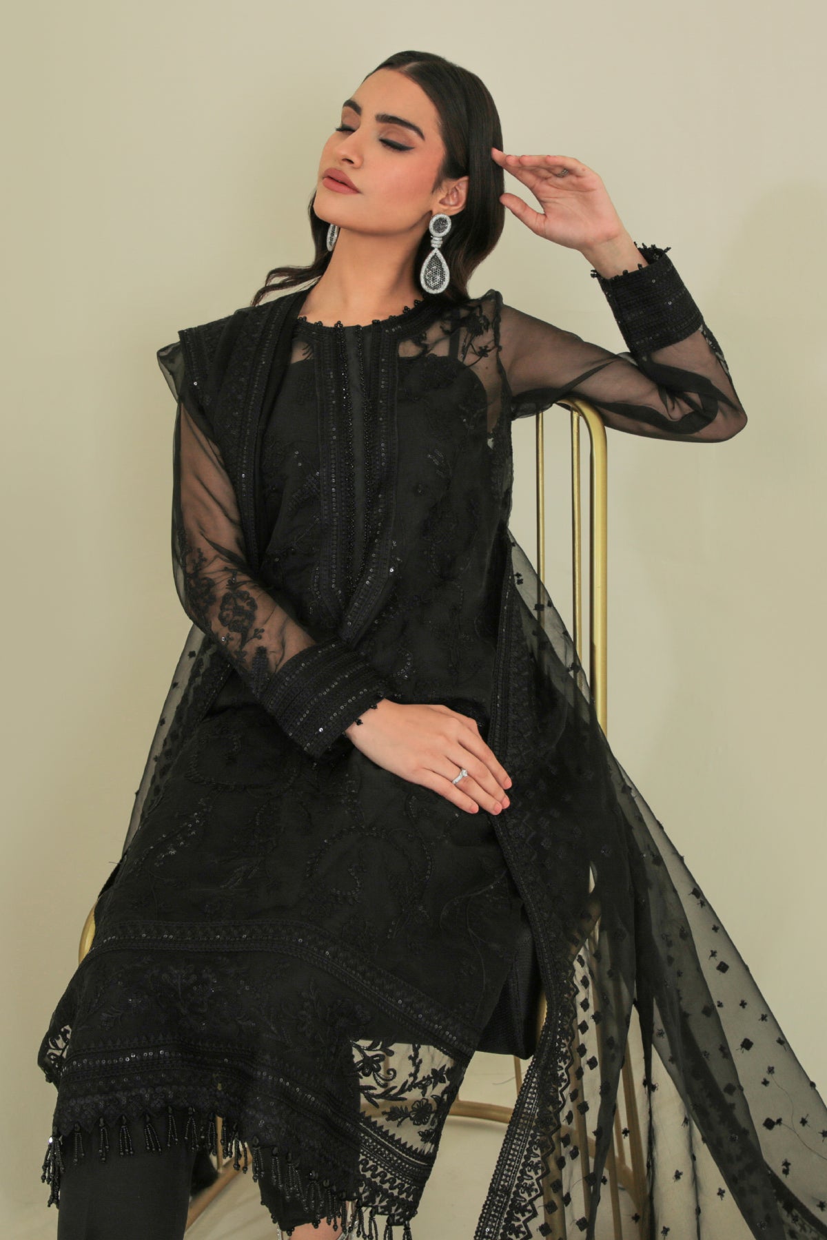 Black Embroidered Organza 3-Piece Suit - Image 7