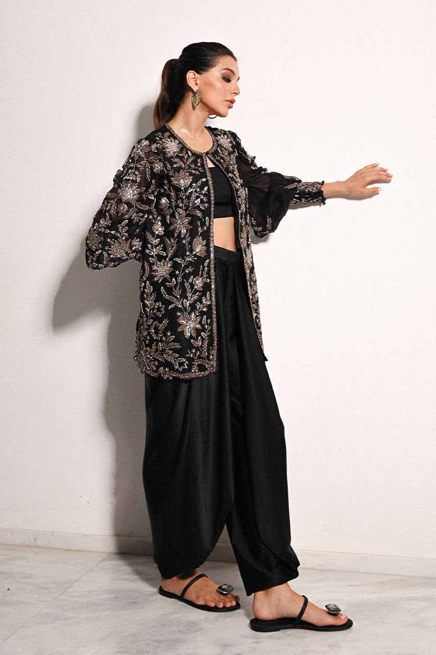 Ebony Zardozi Embroidered Organza Jacket Set (3-Piece) - Image 1