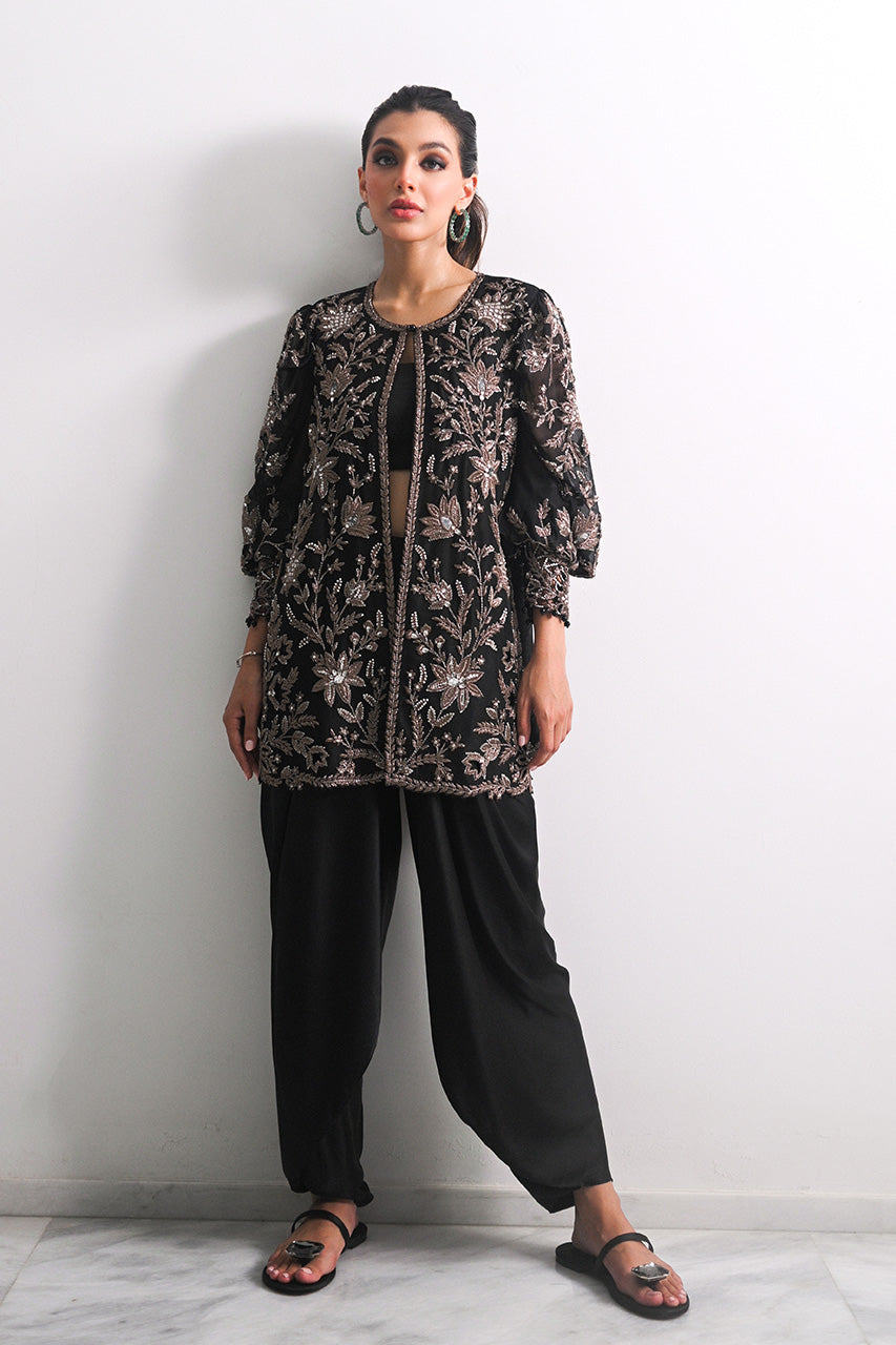 Ebony Zardozi Embroidered Organza Jacket Set (3-Piece) - Image 3