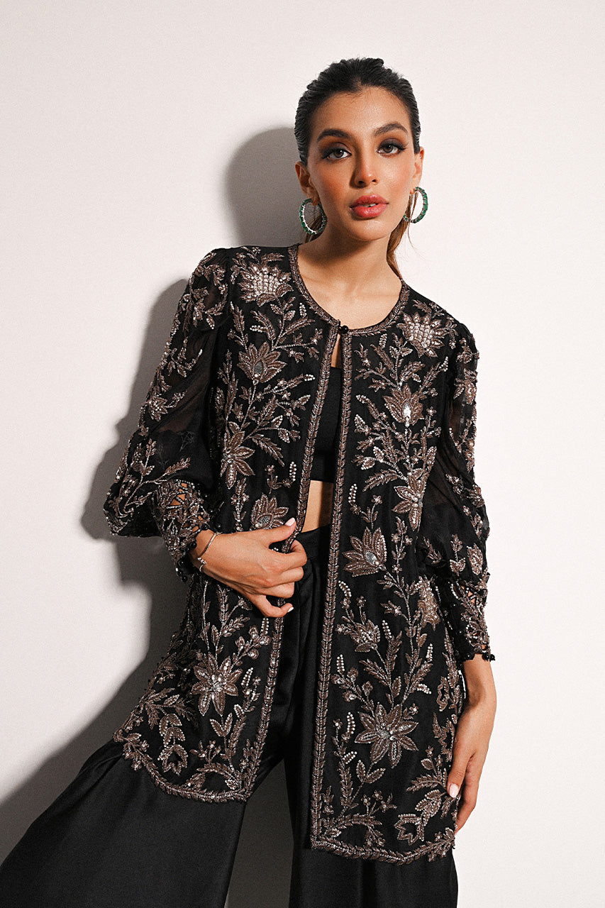 Ebony Zardozi Embroidered Organza Jacket Set (3-Piece) - Image 5