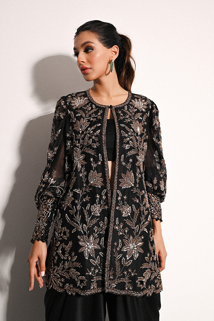 Ebony Zardozi Embroidered Organza Jacket Set (3-Piece) - Image 6