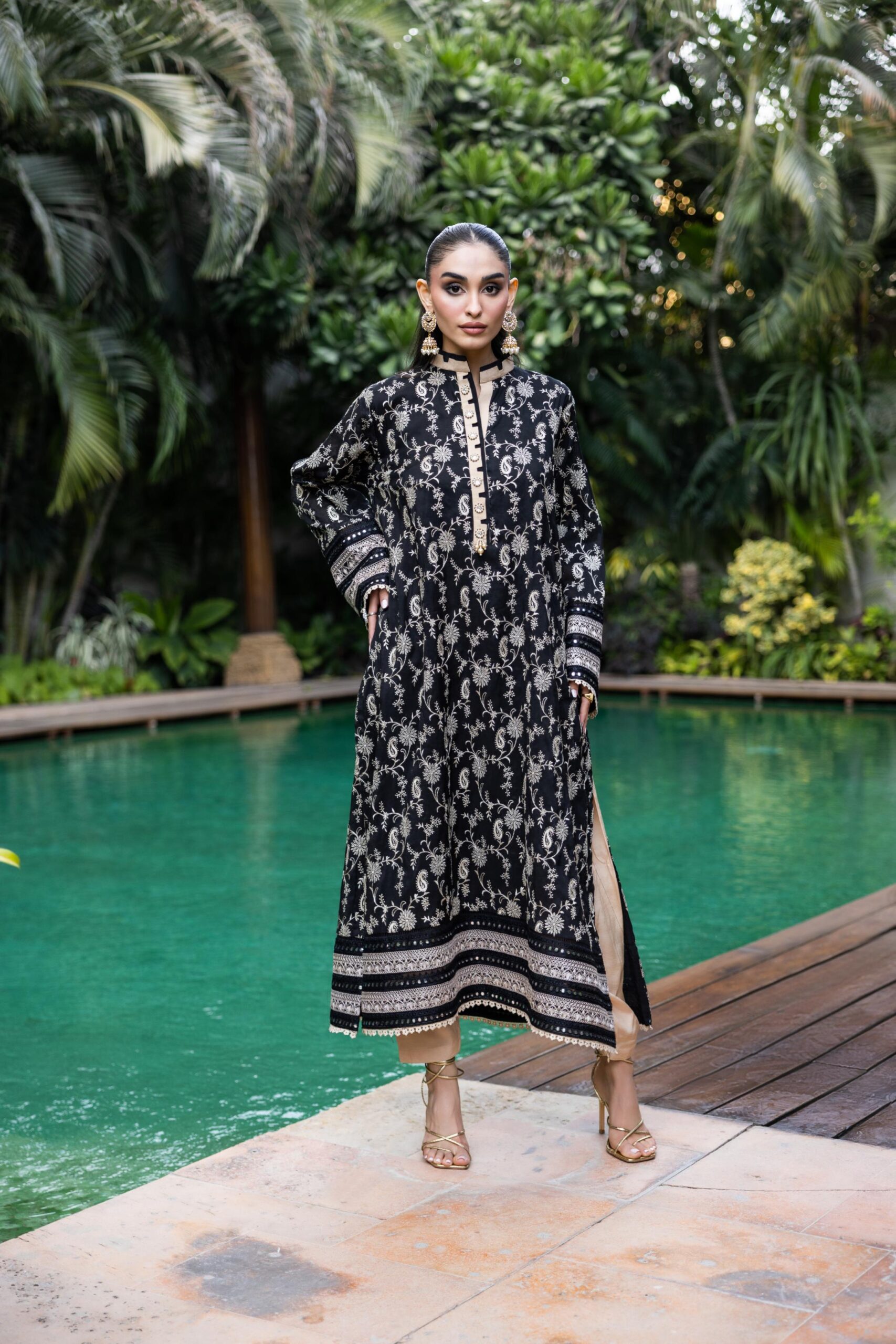 Black Embroidered Paper Silk Salwar Kameez (3-Piece) - Image 2