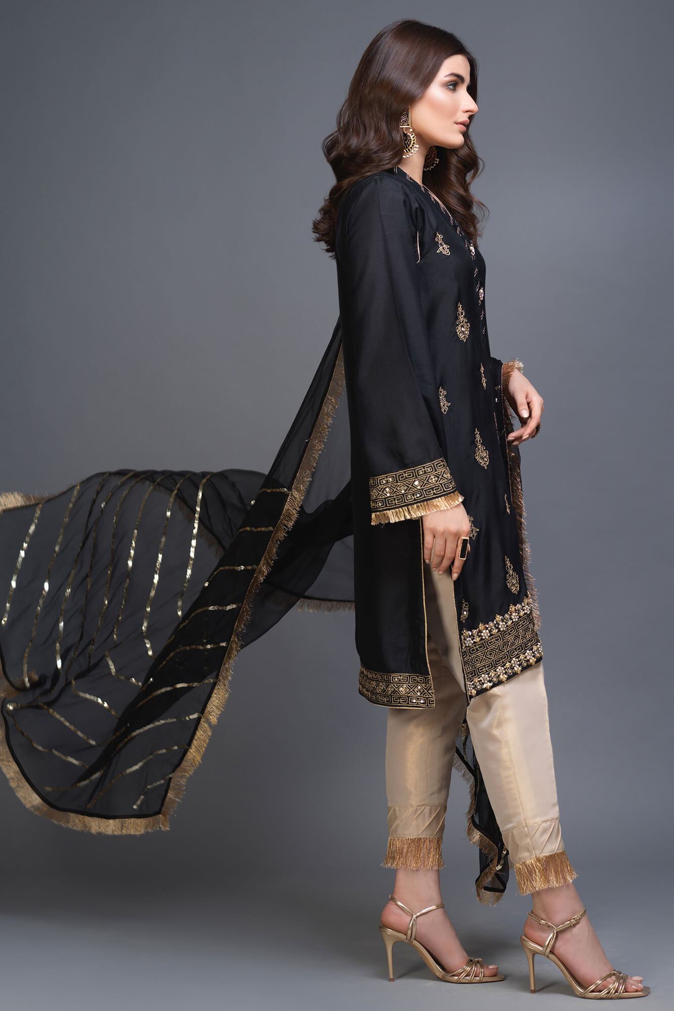 Pakistani Black Embroidered PK Raw Silk Salwar Kameez (3-Piece) - Image 4