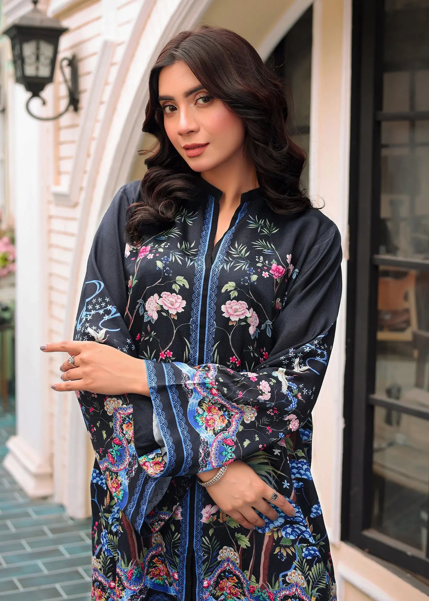 Pakistani Black Printed PK Raw Silk Salwar Kameez (2-Piece) - Image 2