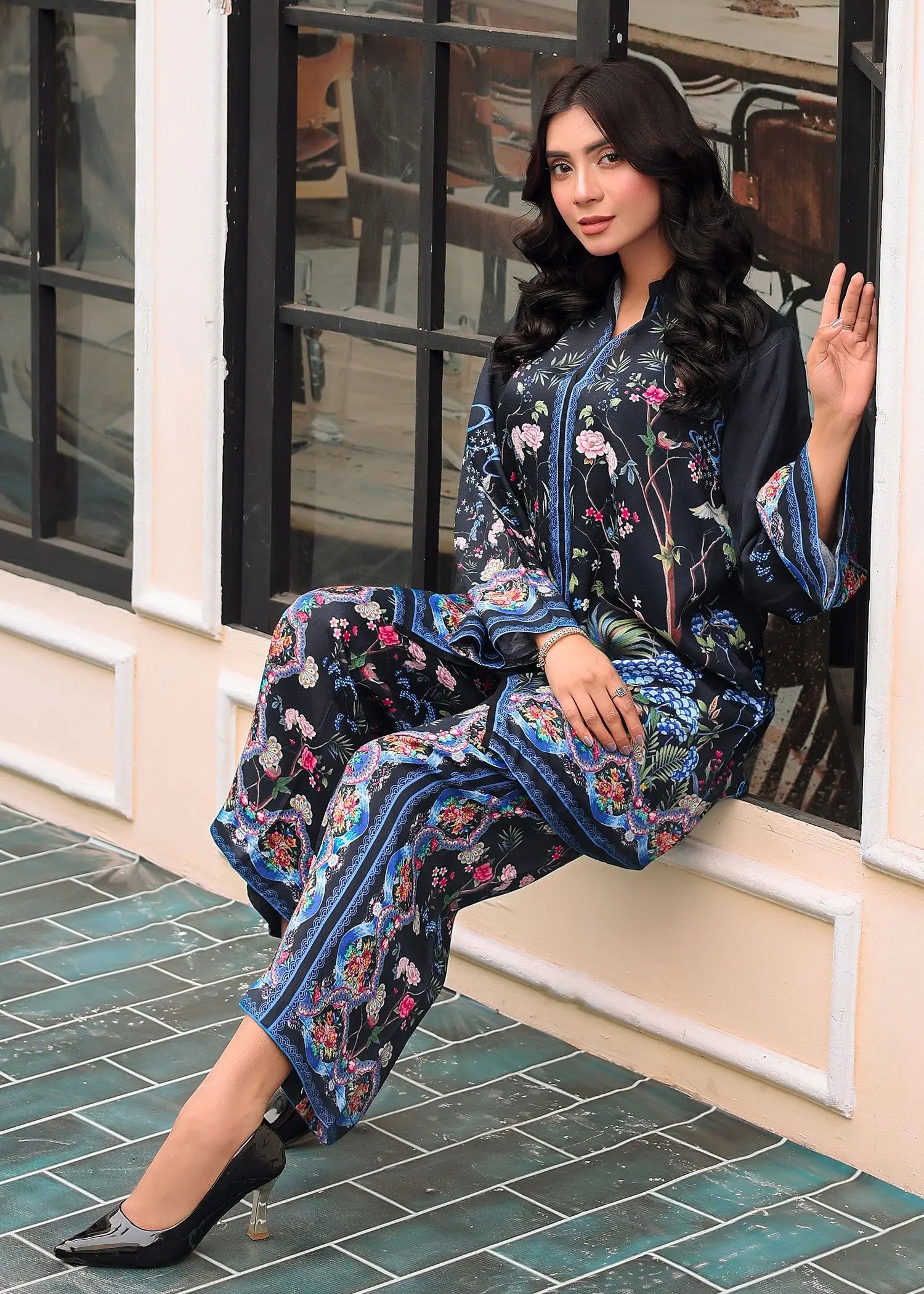 Pakistani Black Printed PK Raw Silk Salwar Kameez (2-Piece) - Image 9