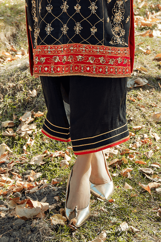 Pakistani Black Embroidered PK Raw Silk Kurta Set (3-Piece) - Image 1