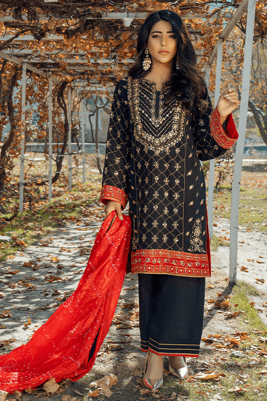 Pakistani Black Embroidered PK Raw Silk Kurta Set (3-Piece) - Image 2
