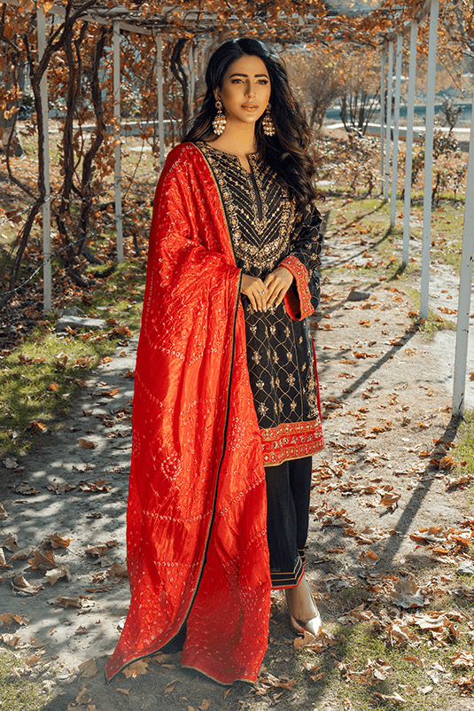 Pakistani Black Embroidered PK Raw Silk Kurta Set (3-Piece) - Image 3