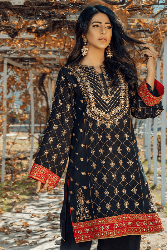 Pakistani Black Embroidered PK Raw Silk Kurta Set (3-Piece) - Image 4