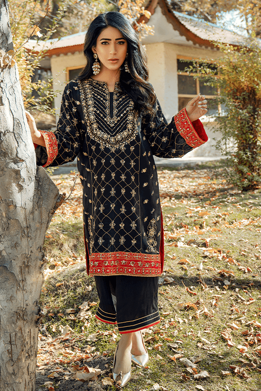 Pakistani Black Embroidered PK Raw Silk Kurta Set (3-Piece) - Image 5