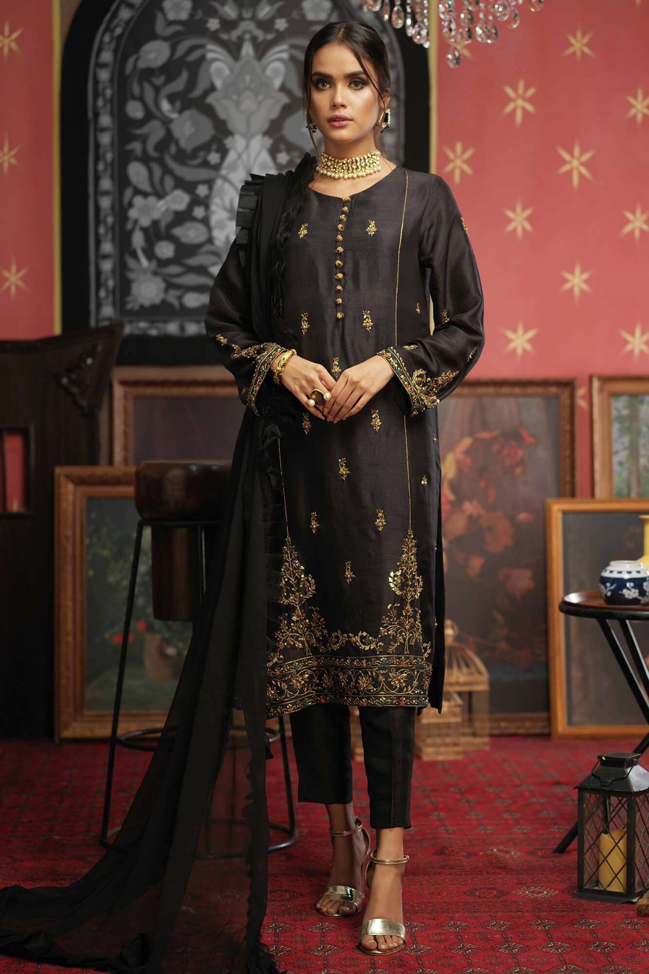Pakistani Black Embellished PK Raw Silk Salwar Kameez (3-Piece) - Image 1