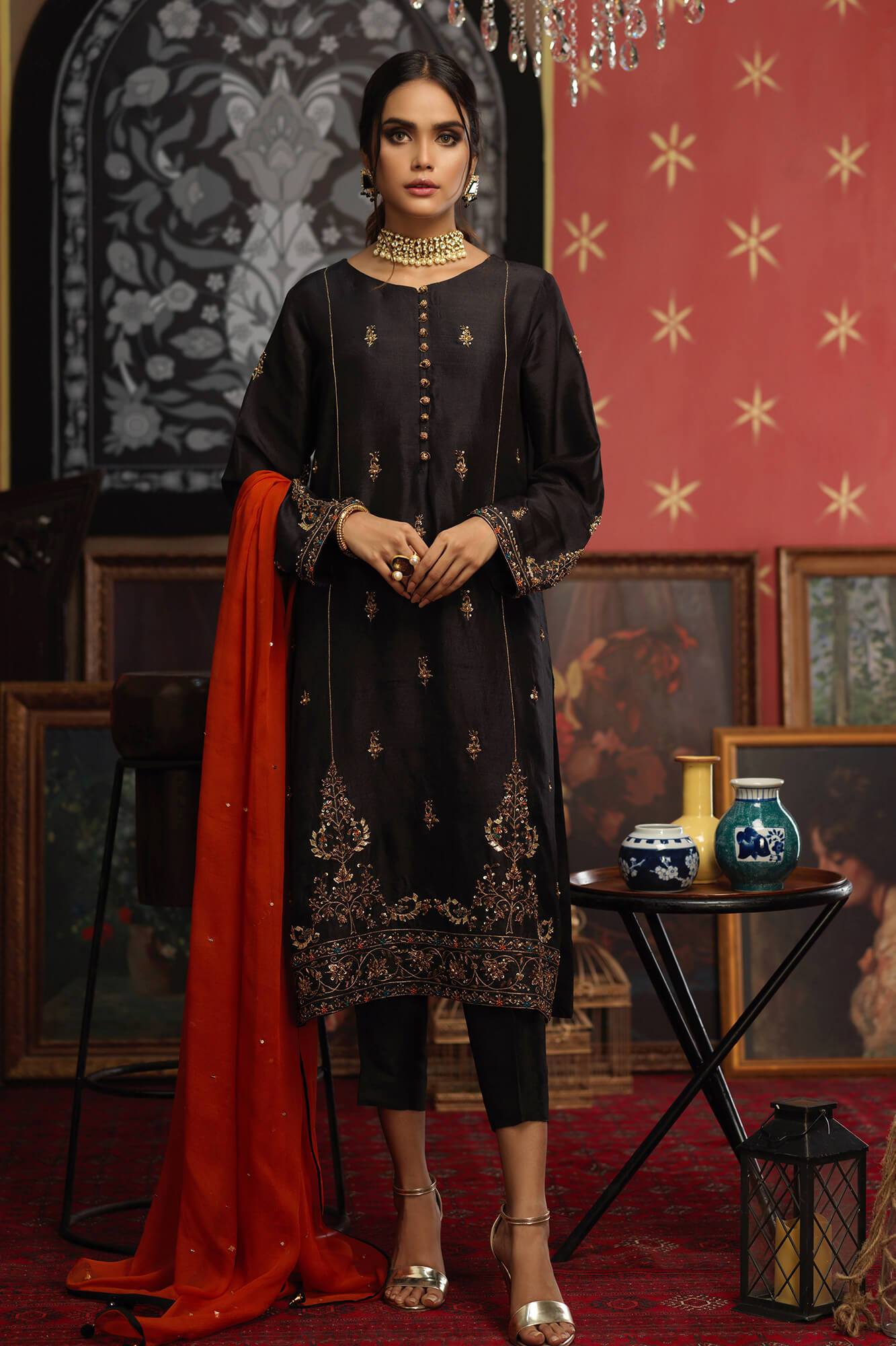 Pakistani Black Embellished PK Raw Silk Salwar Kameez (3-Piece) - Image 2
