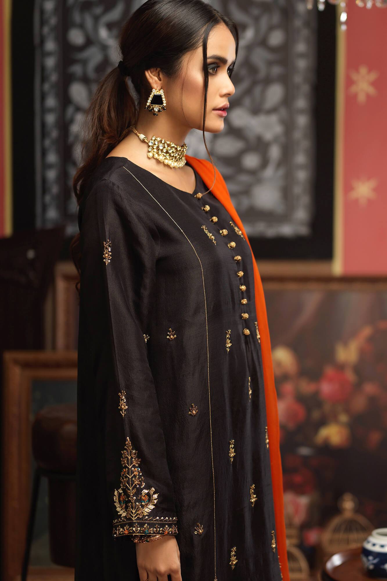 Pakistani Black Embellished PK Raw Silk Salwar Kameez (3-Piece) - Image 3