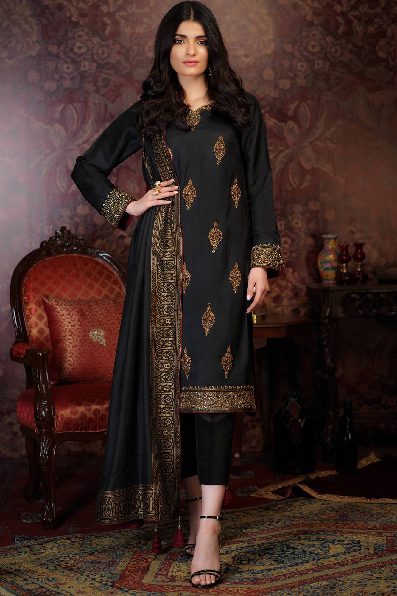 Pakistani Black Embroidered PK Raw Silk Salwar Kameez (3-Piece) - Image 2