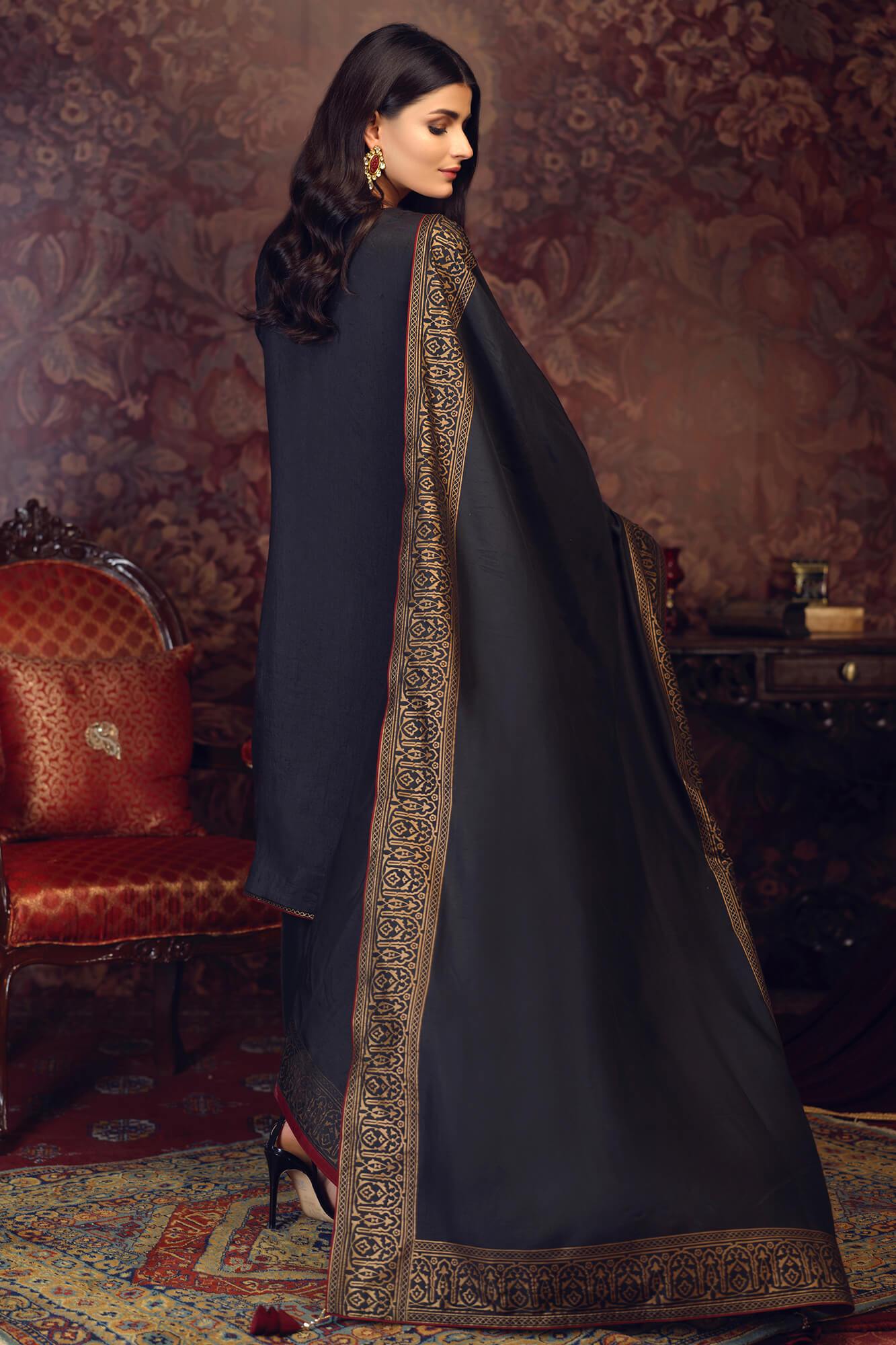 Pakistani Black Embroidered PK Raw Silk Salwar Kameez (3-Piece) - Image 3